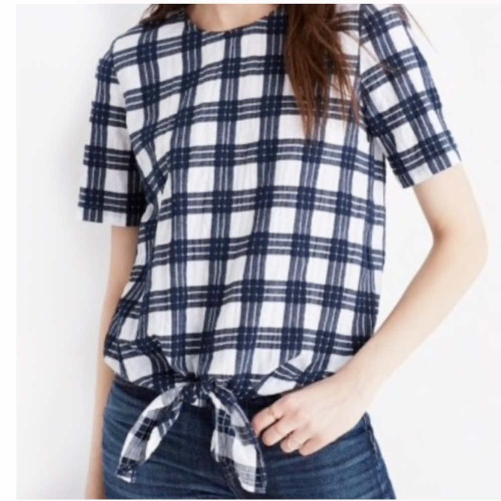 MADEWELL BUTTON BACK TIE TEE NAVY BLUE CREAM WHITE WINDOWPANE PLAID BOXY…
